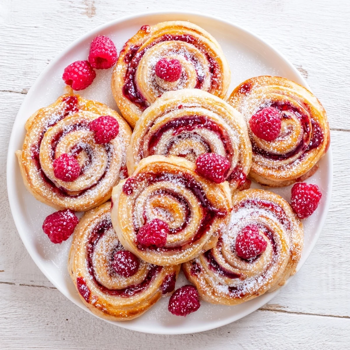 Flaky baked raspberry puff pastry rolls featuring bright red raspberry preserves swirled inside buttery golden layers