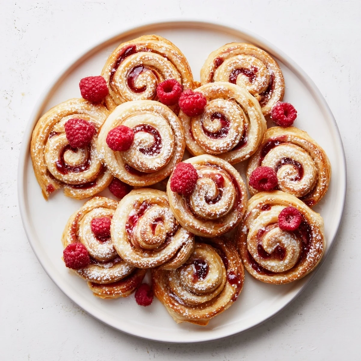 Freshly baked raspberry puff pastry rolls arranged on a wire cooling rack with light sugar dusting on top