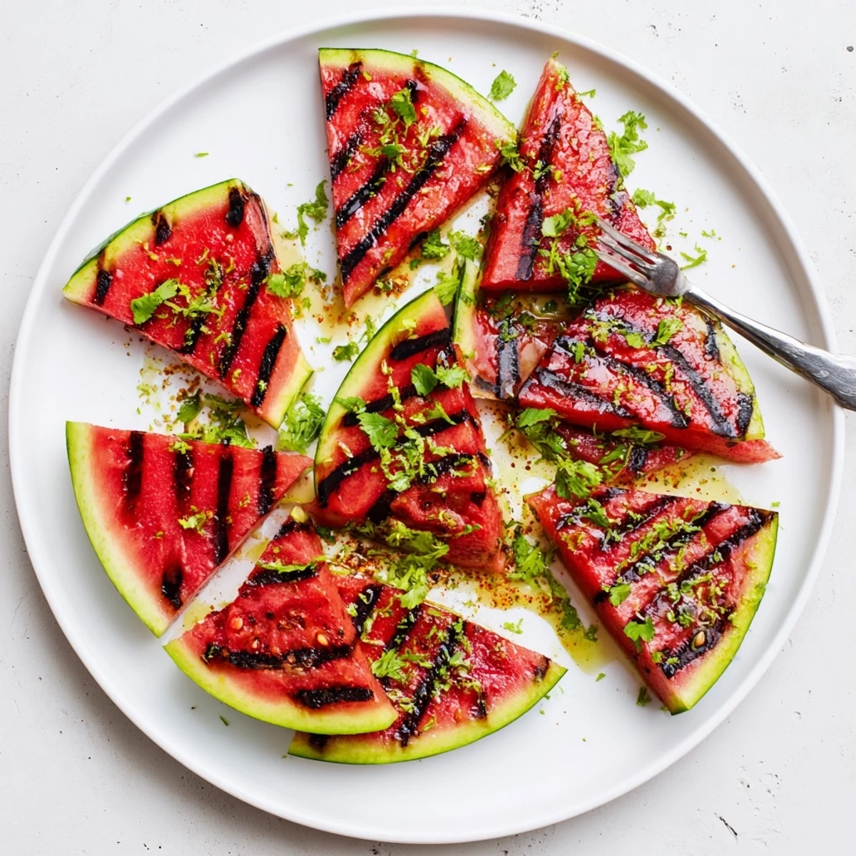 Charred watermelon slices topped with vibrant green cilantro and lime zest served as a summertime side dish