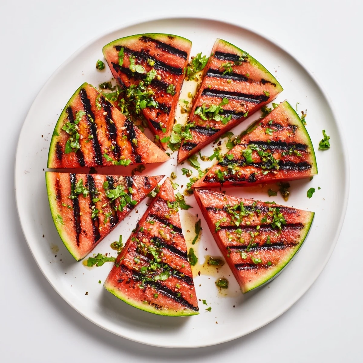 Golden grilled watermelon wedges drizzled with fresh lime juice and chopped cilantro on a white serving platter