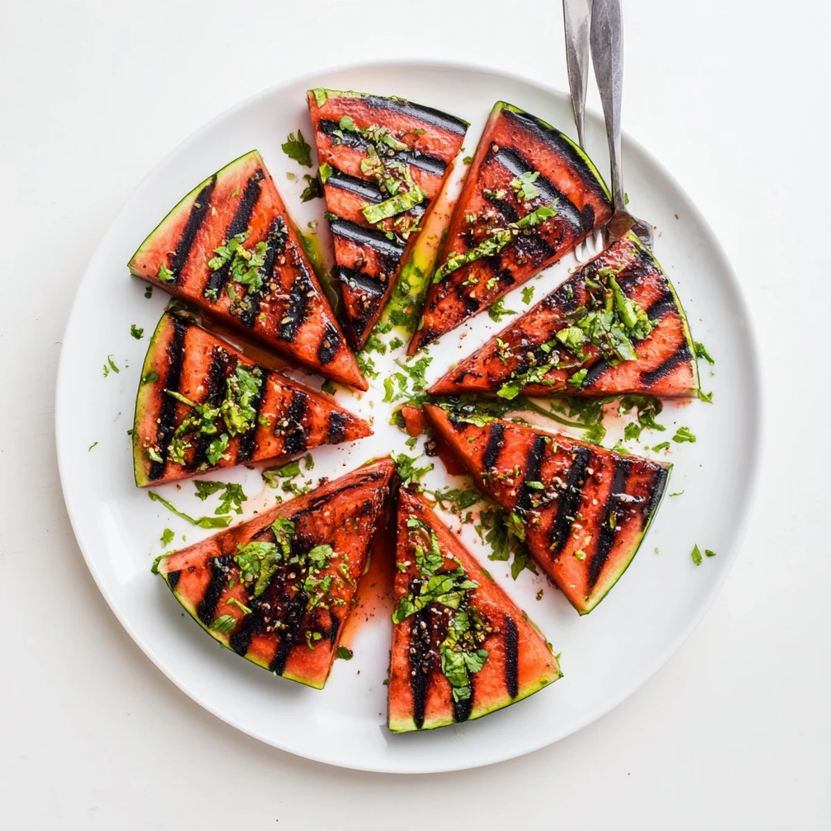 Sizzling grilled watermelon recipe with smoky grill marks garnished with zesty lime and fresh herbs