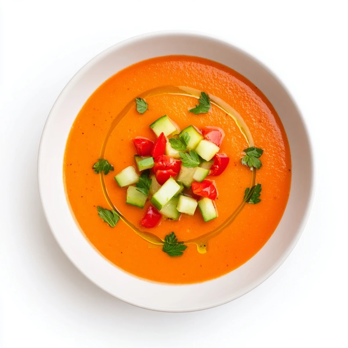 Chilled gazpacho soup bowl topped with colorful diced vegetables and fresh herbs