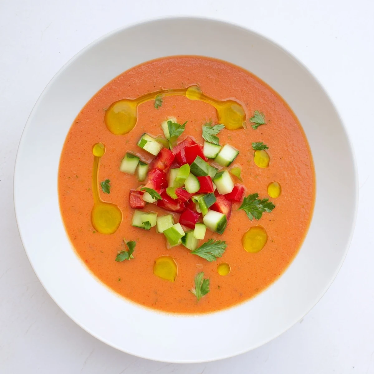 Creamy gazpacho recipe served in glass with crisp cucumber and tomato garnish