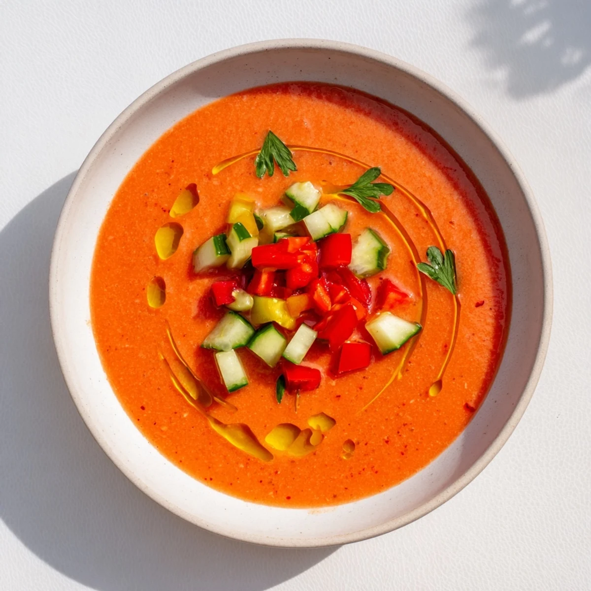 Fresh Spanish gazpacho recipe drizzled with olive oil and vibrant vegetable toppings