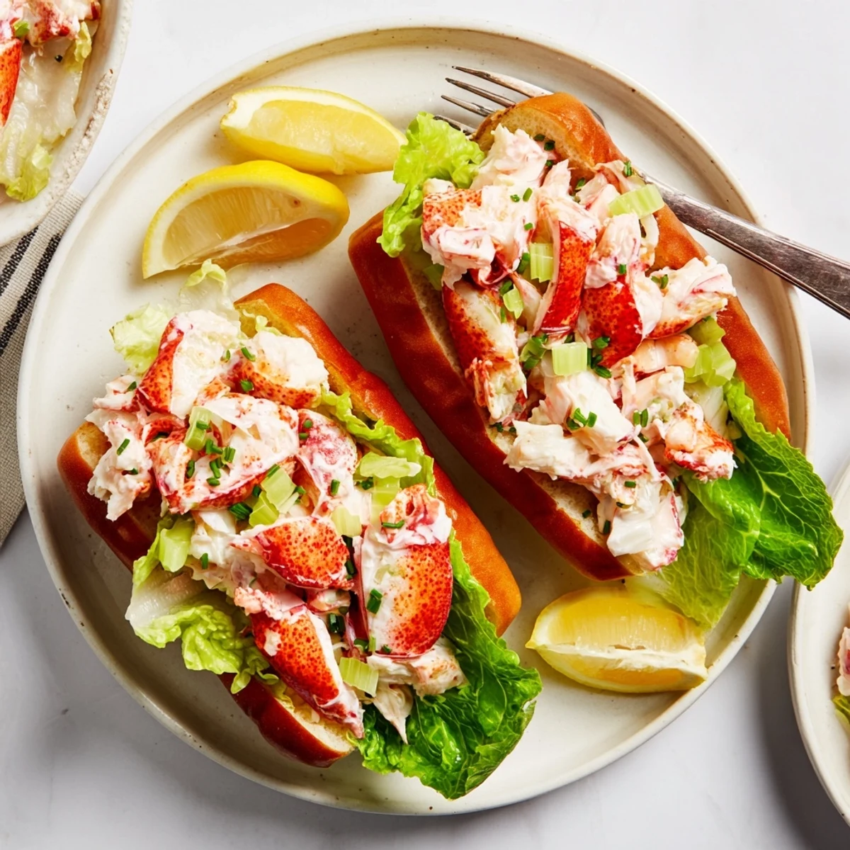 Golden Maine style lobster rolls overflowing with sweet chunks in buttery toasted split-top buns