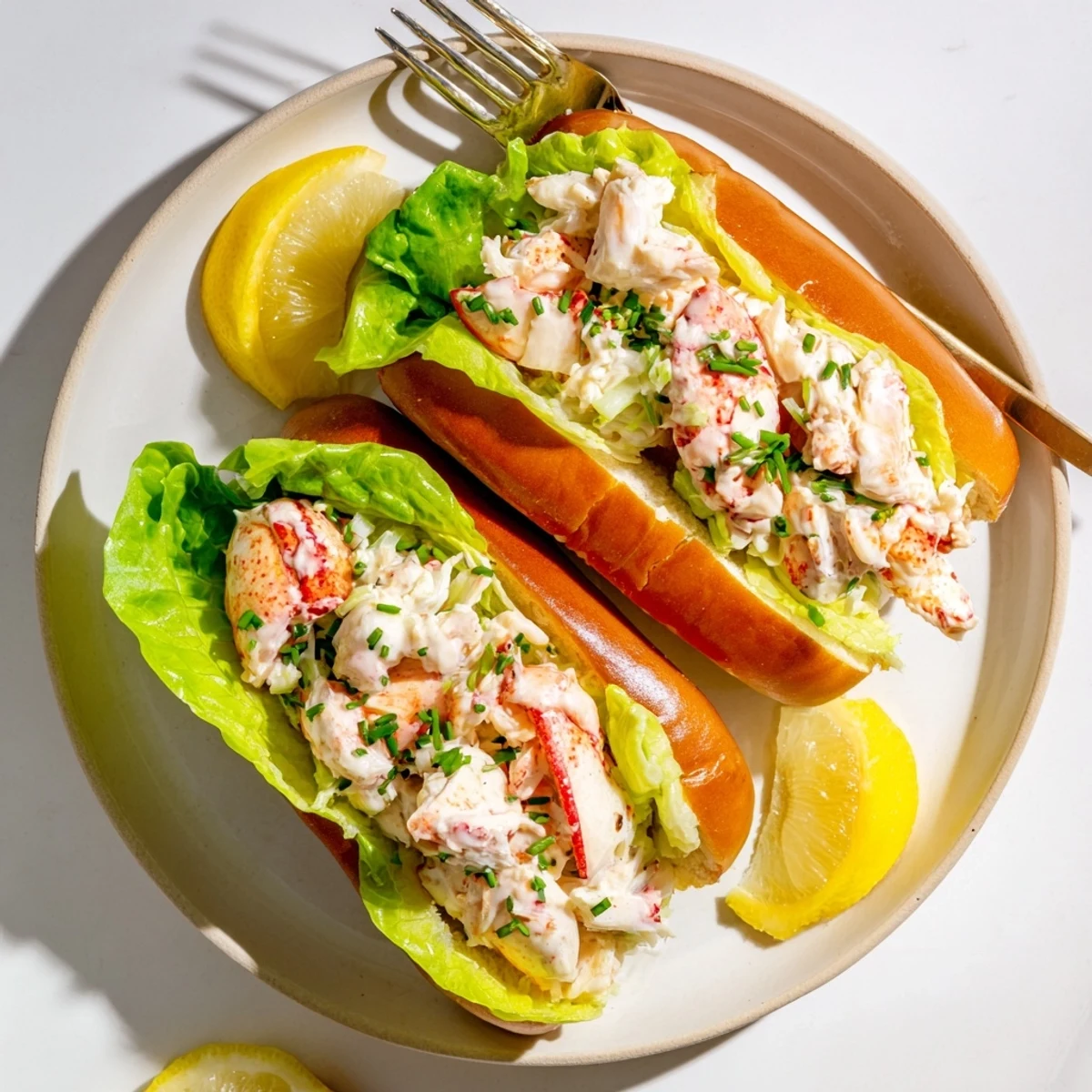 Classic Maine style lobster rolls served on a wooden board with fresh lemon wedges