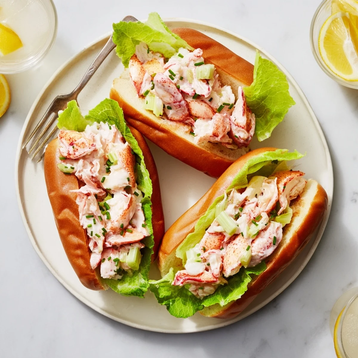 Creamy Maine style lobster rolls nestled in crisp lettuce lined buns with chive garnish