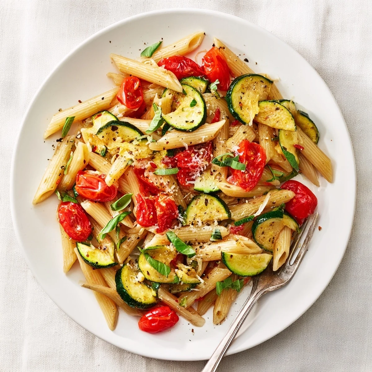 Colorful tomato zucchini pasta tossed with fresh basil in a white ceramic bowl