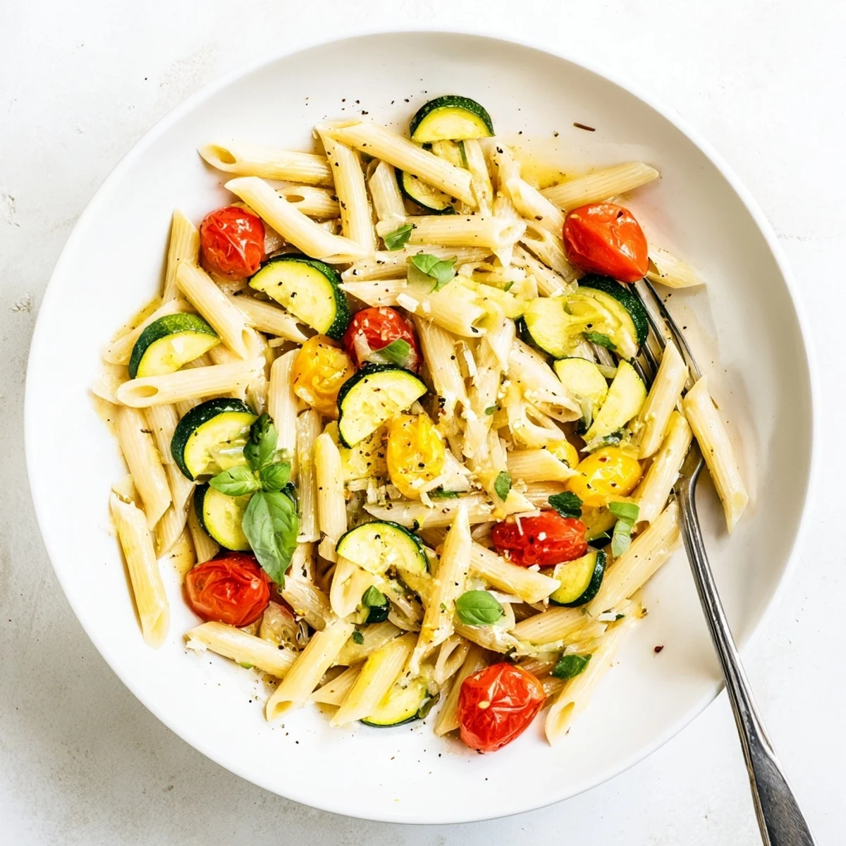 Twirled fork lifting al dente tomato zucchini pasta with vibrant cherry tomato halves