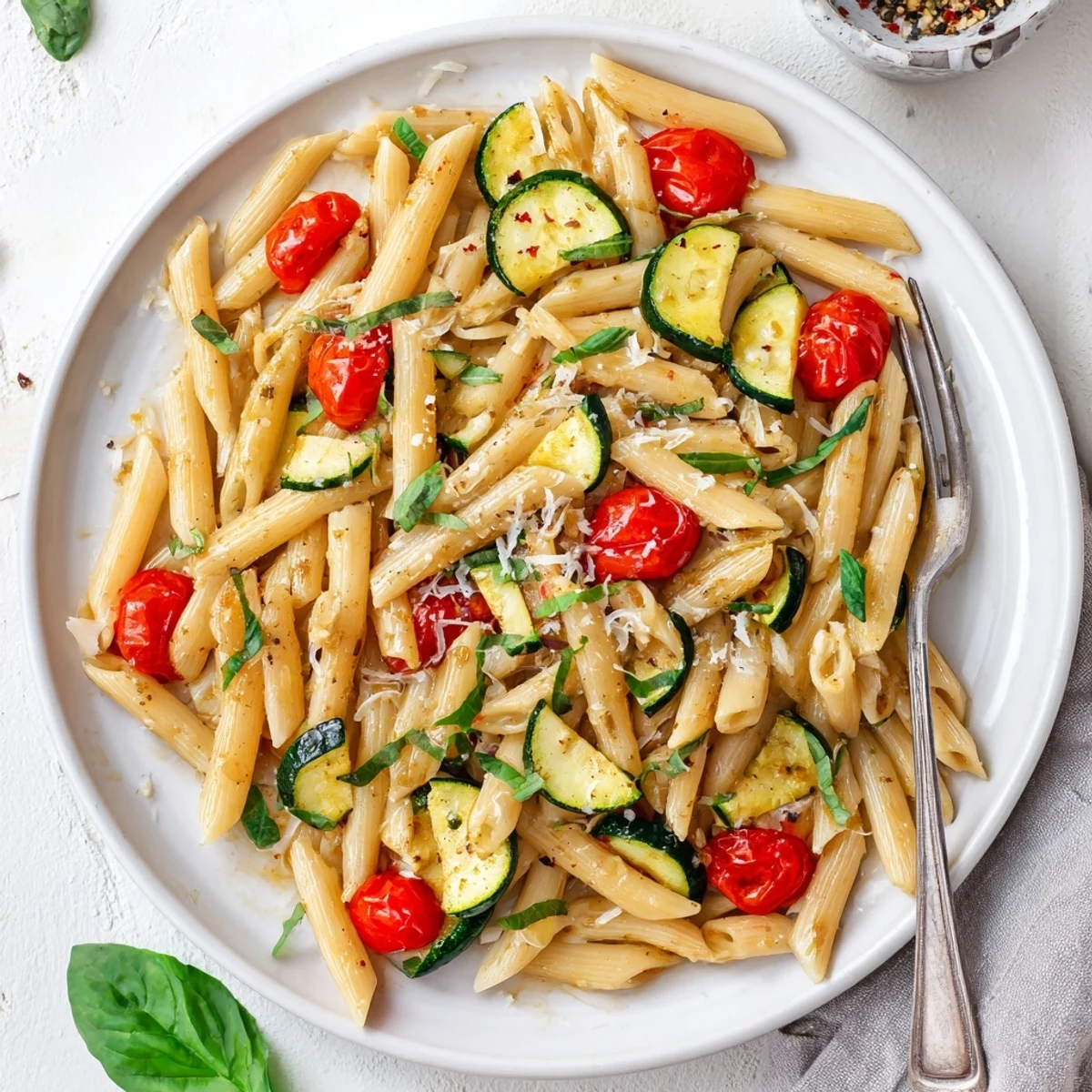 Steaming plate of tomato zucchini pasta garnished with grated Parmesan and green basil leaves