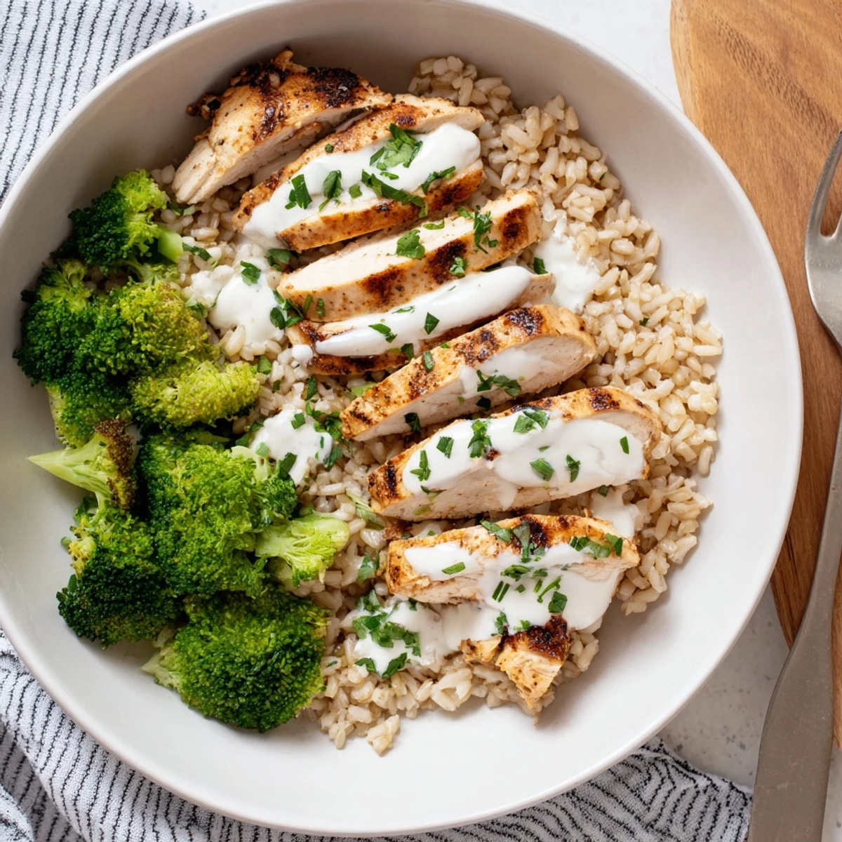 Healthy grilled chicken broccoli bowl featuring tender spiced meat, crisp vegetables, and creamy garlic dressing over nutritious grain base.