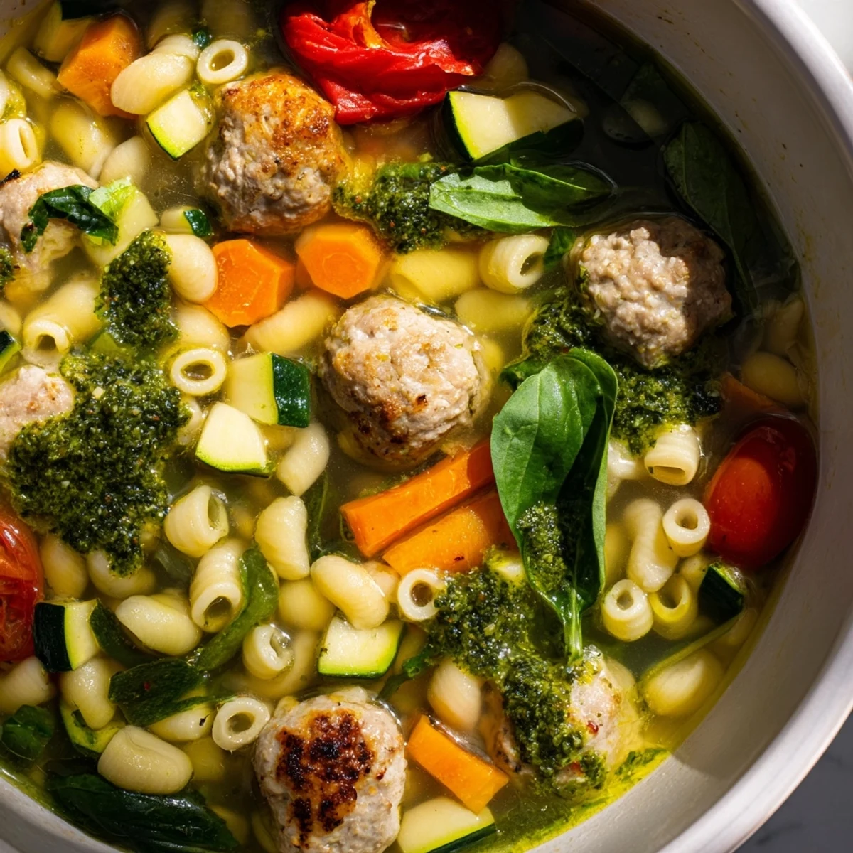 Steaming bowl of summer pesto mini meatball soup with fresh basil swirl and tender pasta