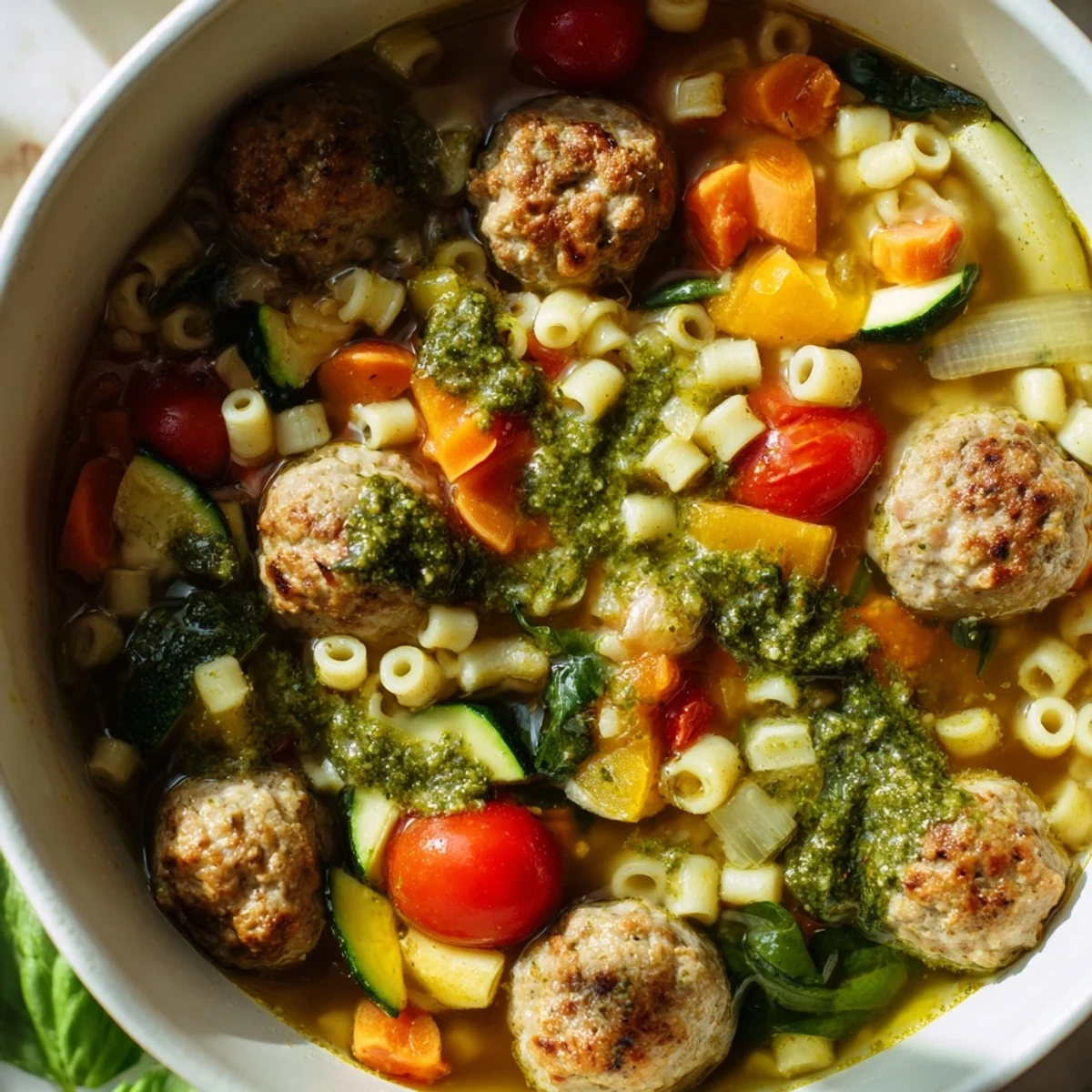 Golden brown chicken mini meatballs floating in vibrant vegetable broth with green pesto drizzle