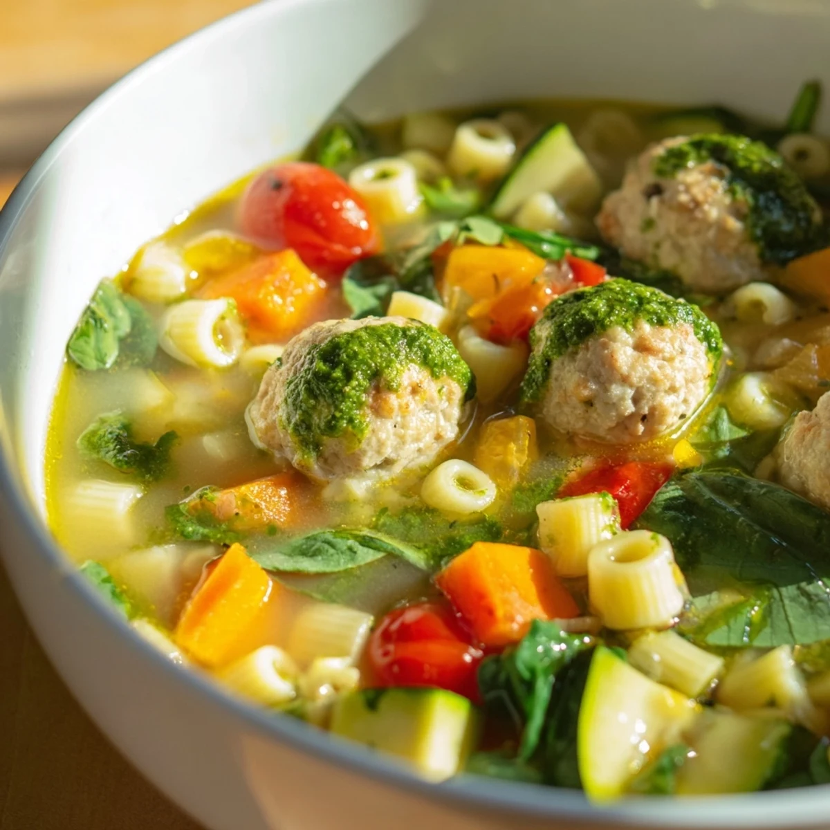 Hearty Italian soup featuring juicy mini meatballs, seasonal vegetables, and homemade basil pesto topping