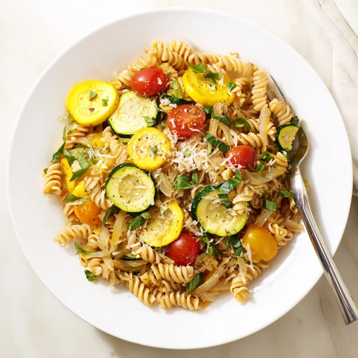 Golden summer squash pasta skillet featuring tender zucchini, cherry tomatoes, and fresh herbs in a light savory sauce