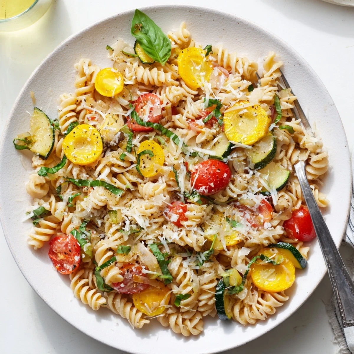Vibrant skillet of summer squash pasta tossed with ripe tomatoes, garlic, basil for a quick weeknight dinner