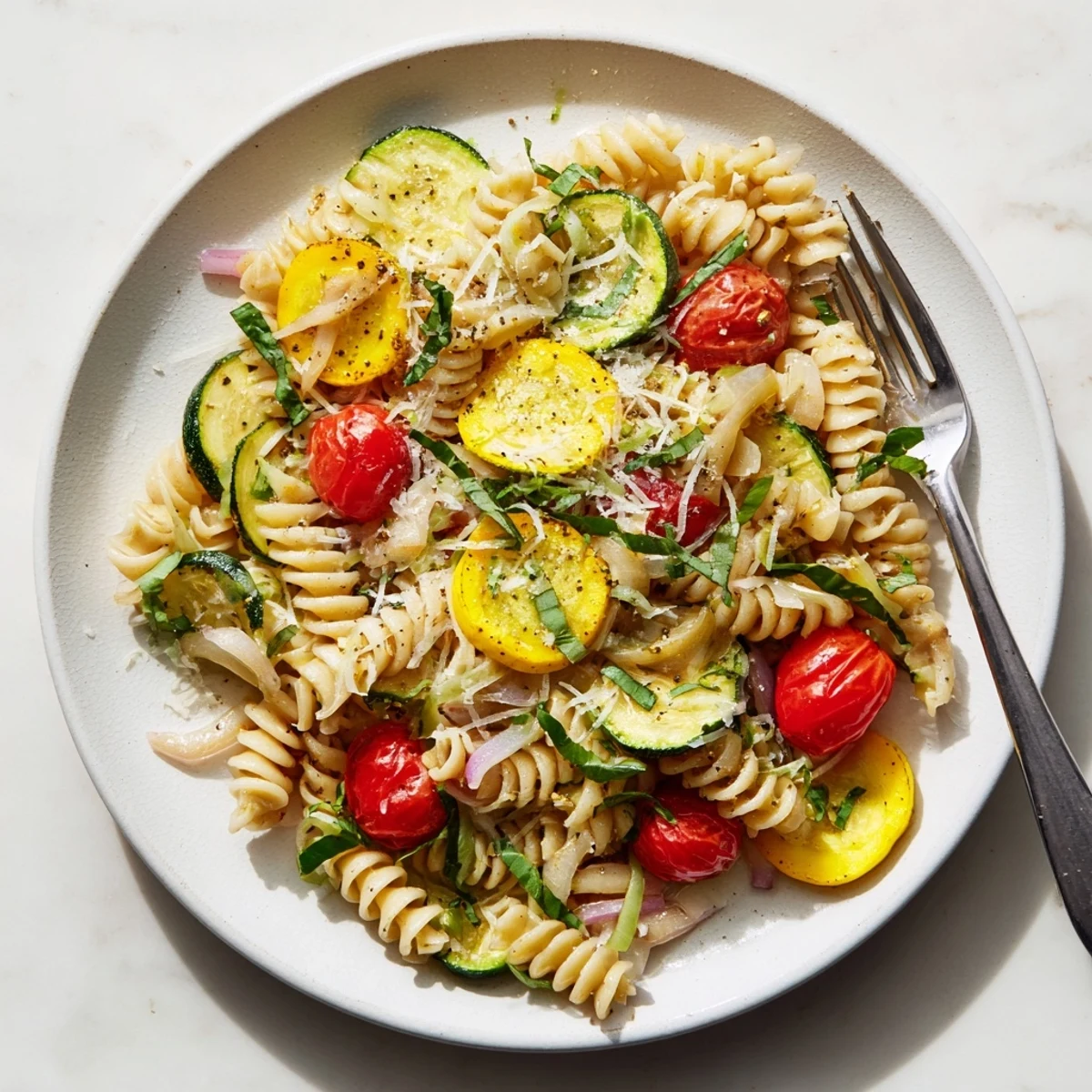 One-pan summer squash pasta skillet with colorful vegetables, al dente pasta, and sprinkled Parmesan cheese garnish