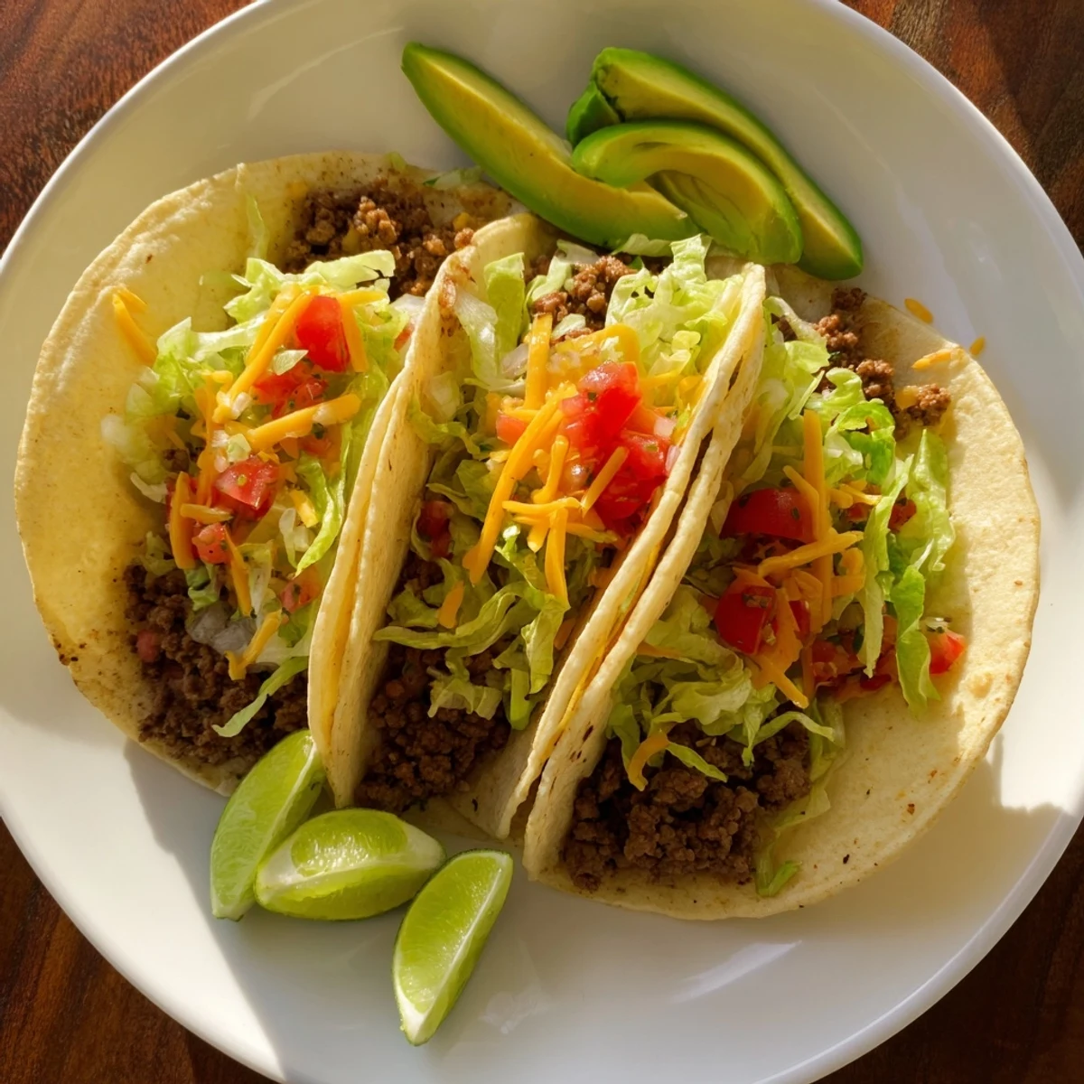 Golden corn tortillas piled high with juicy ground beef tacos and vibrant pico de gallo garnish