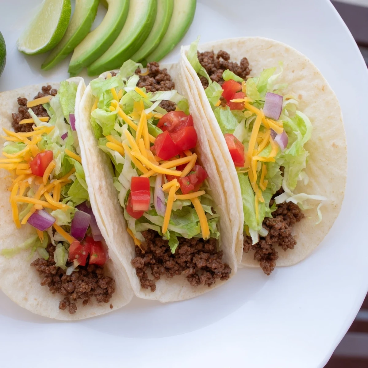 Freshly assembled ground beef tacos topped with colorful homemade pico de gallo and creamy avocado slices
