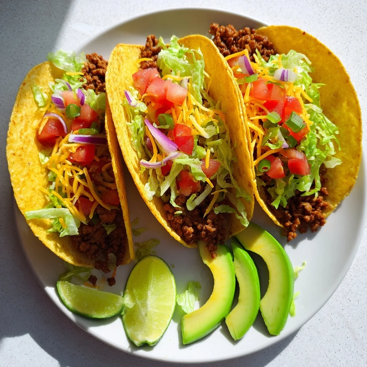Sizzling skillet of seasoned ground beef tacos ready for serving with zesty pico de gallo and lime