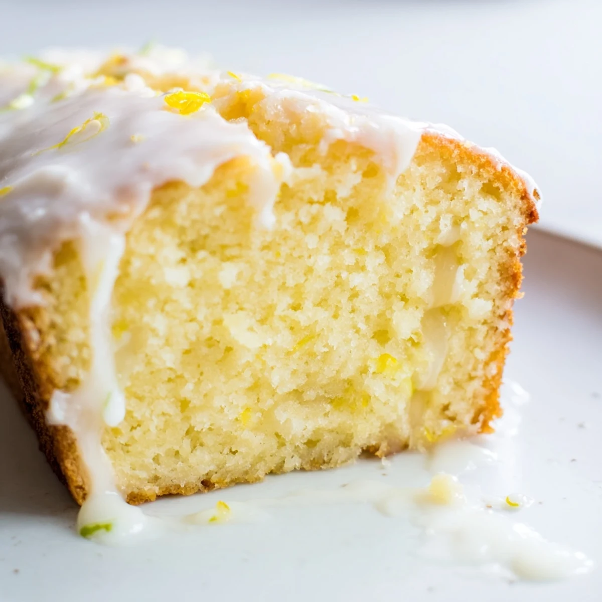 Golden Greek yogurt lemon loaf drizzled with white glaze on a wooden cutting board