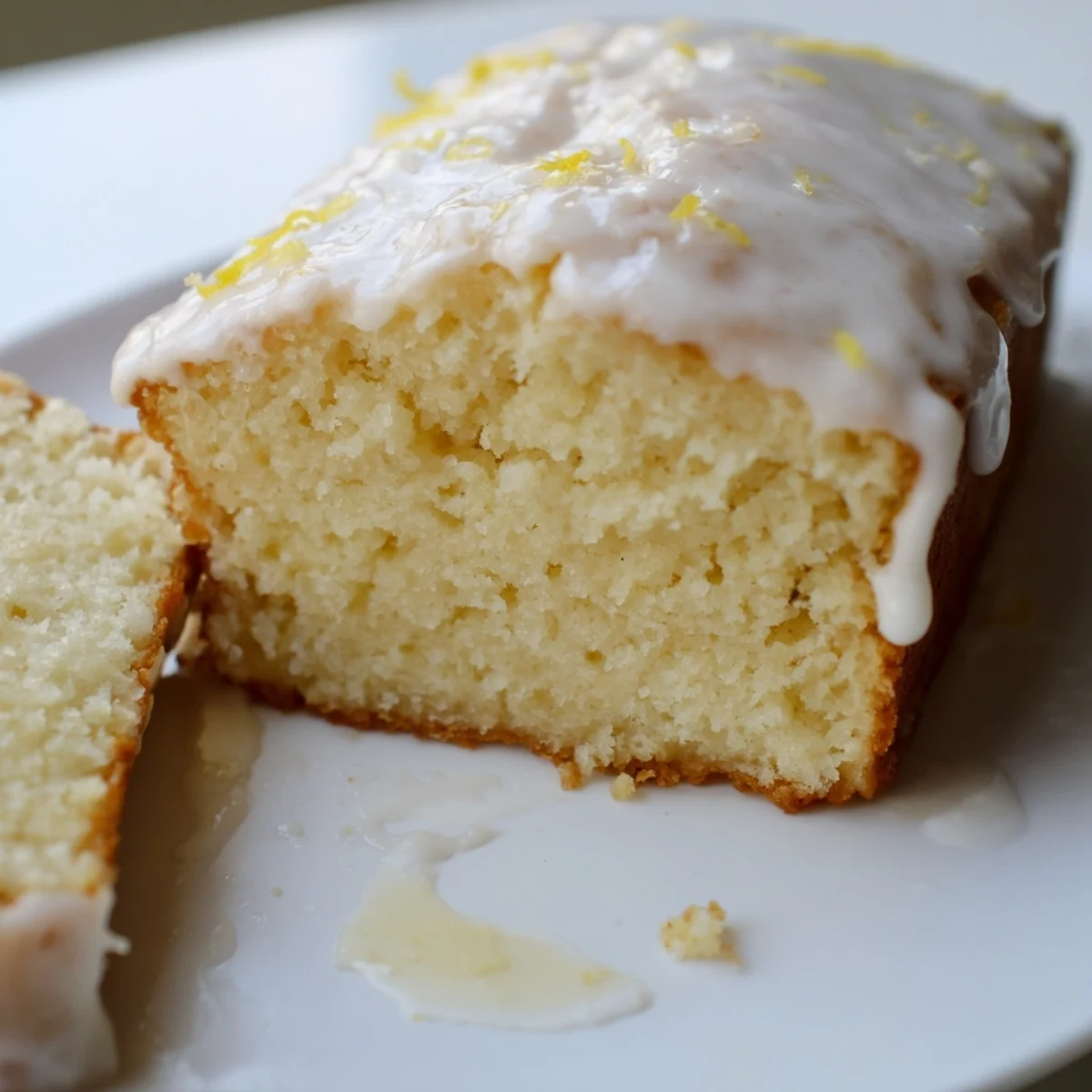 Freshly baked Mediterranean lemon loaf with powdered sugar glaze and lemon zest garnish