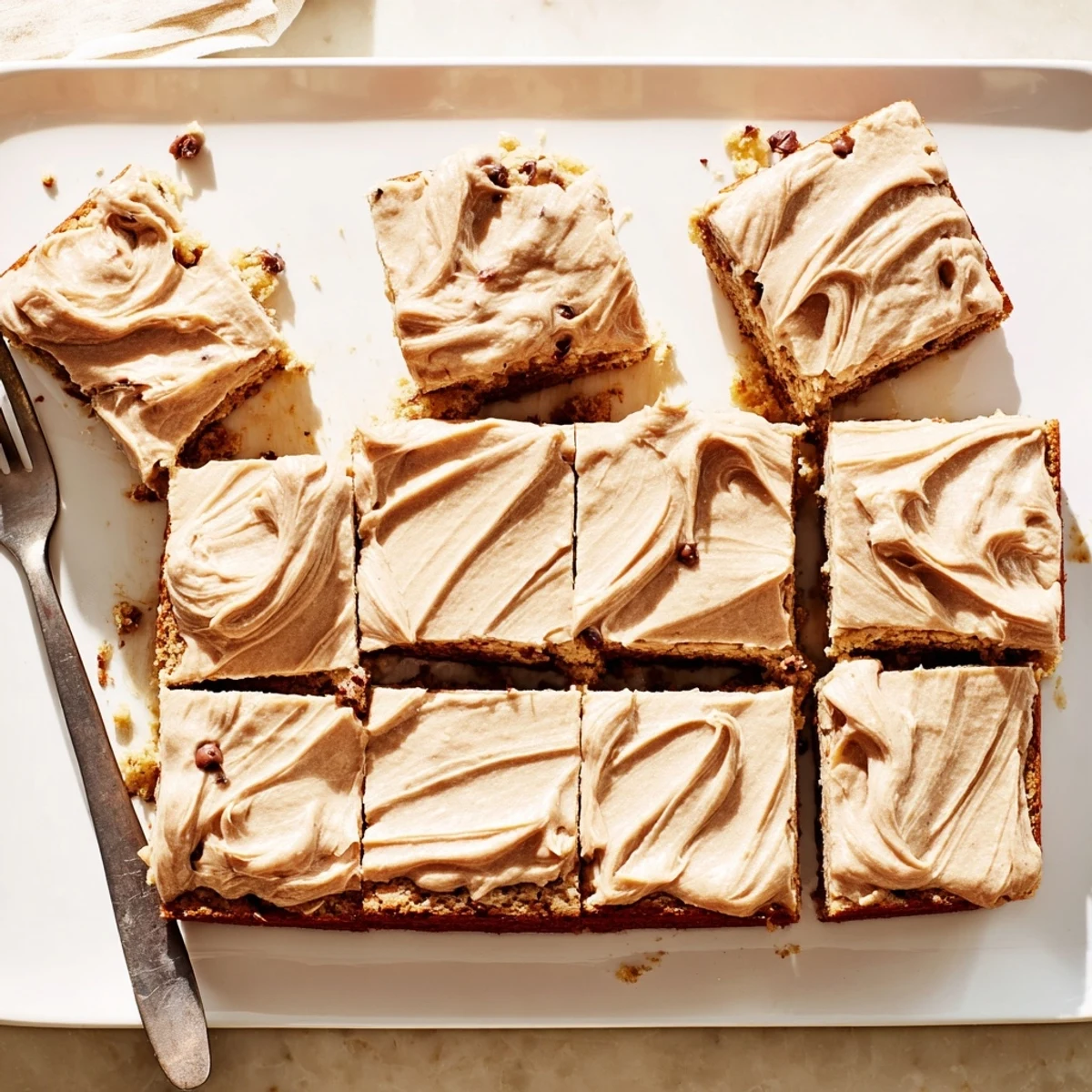 Moist banana bread brownies cut into squares and topped with decadent brown butter frosting