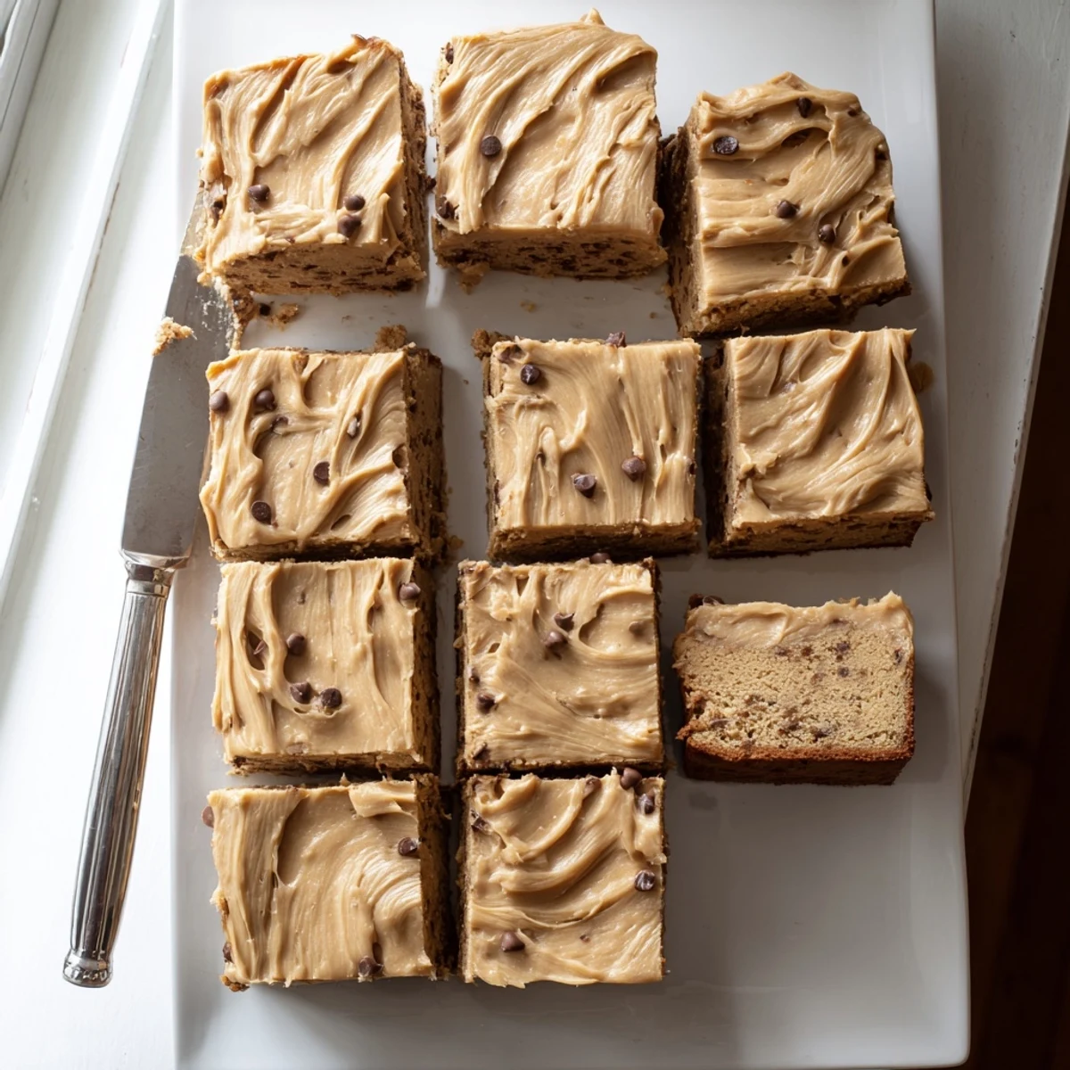 Golden square of banana bread brownie topped with creamy browned butter frosting and powdered sugar
