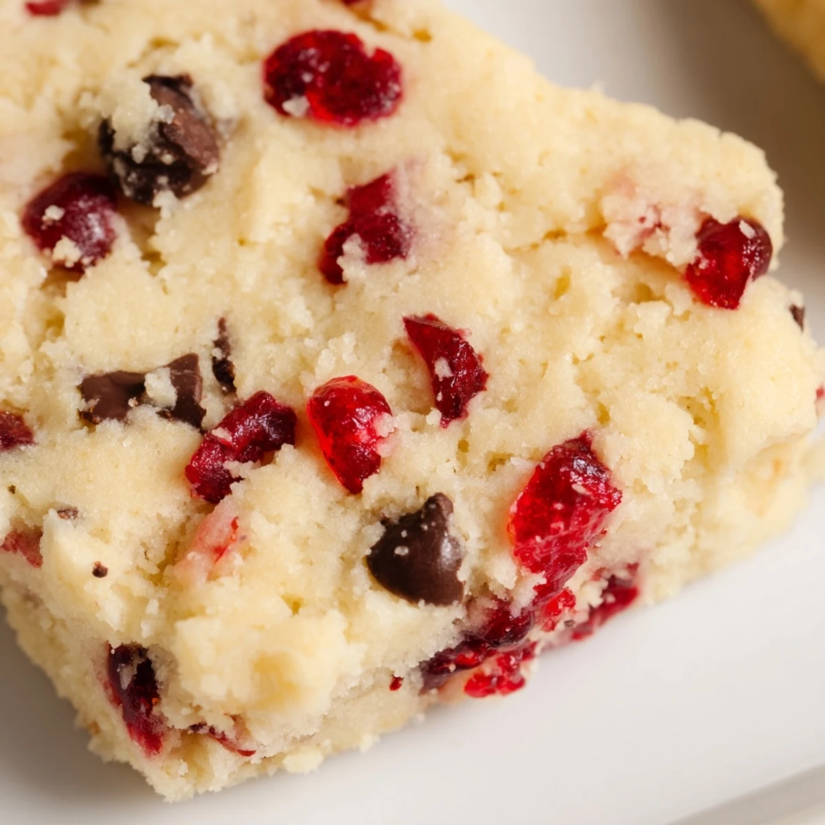 Golden Christmas Maraschino Cherry Shortbread cookies dotted with bright red cherries on a white serving plate.