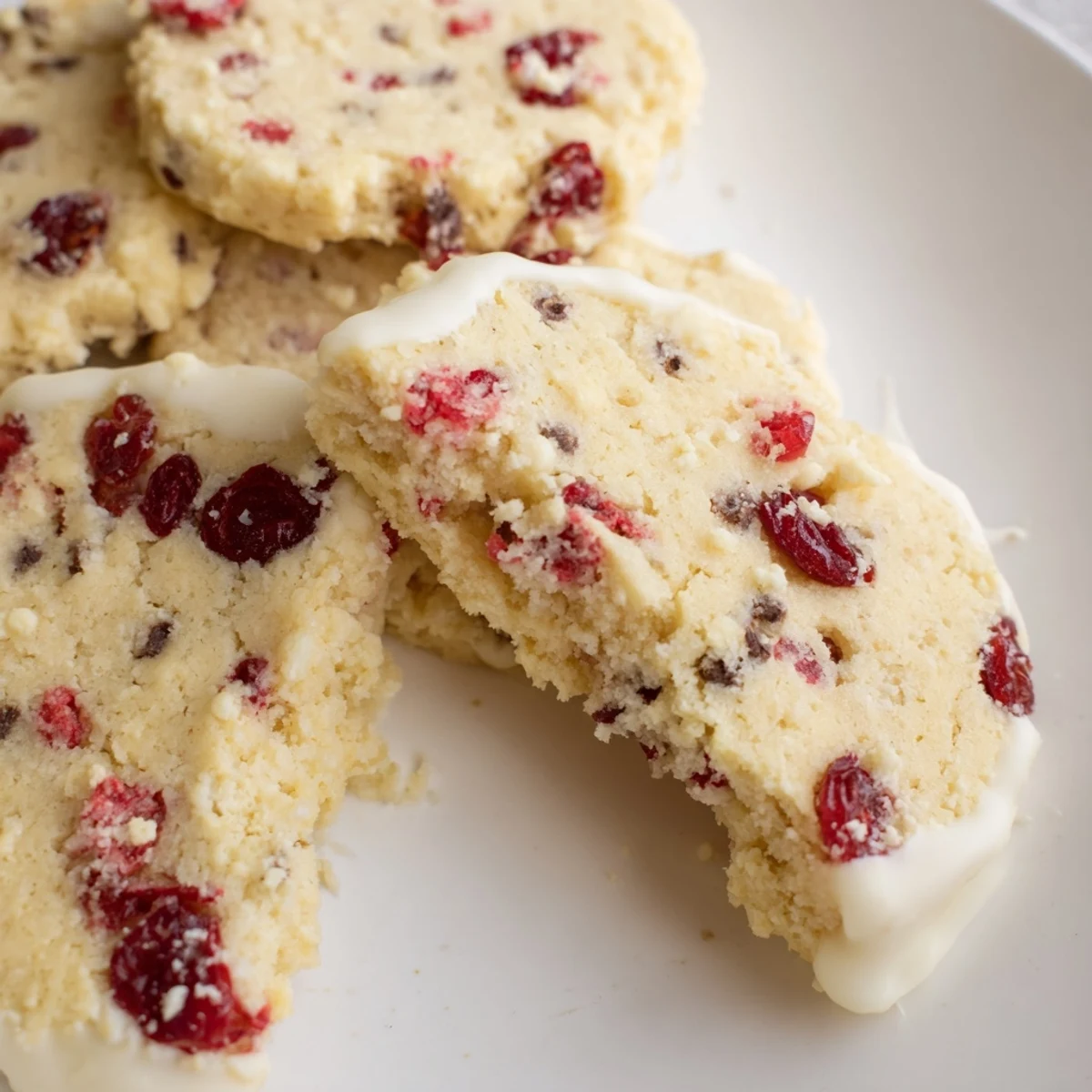 Buttery shortbread triangles baked to golden perfection with chopped maraschino cherries and mini chocolate chips.