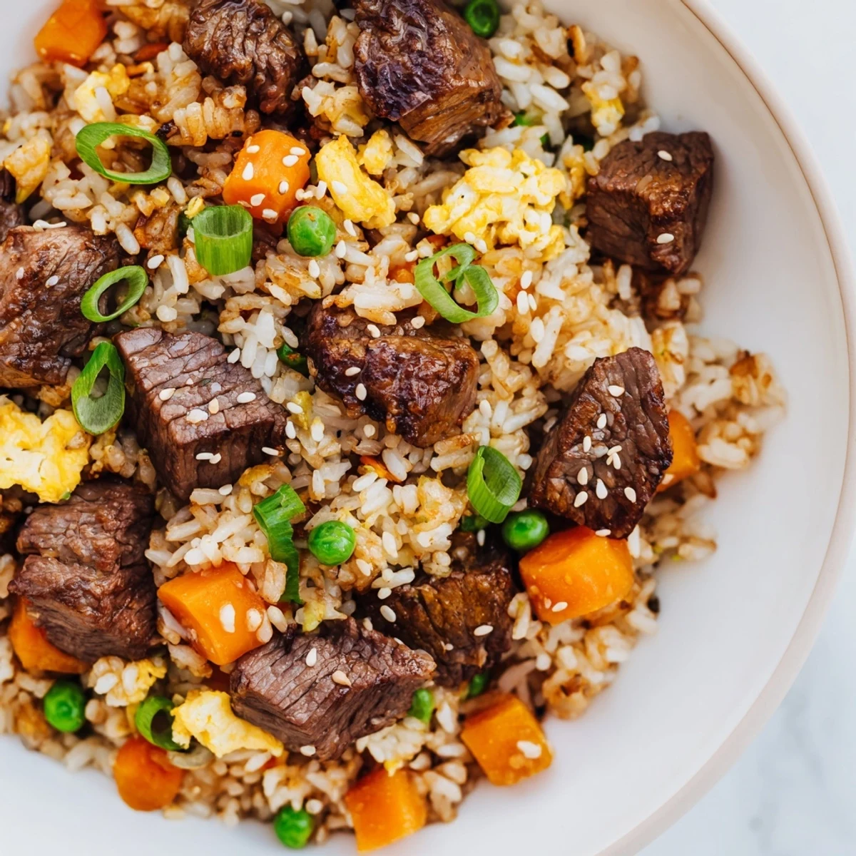 Savory hibachi steak fried rice piled high with tender beef, scrambled eggs, and crisp peas and carrots