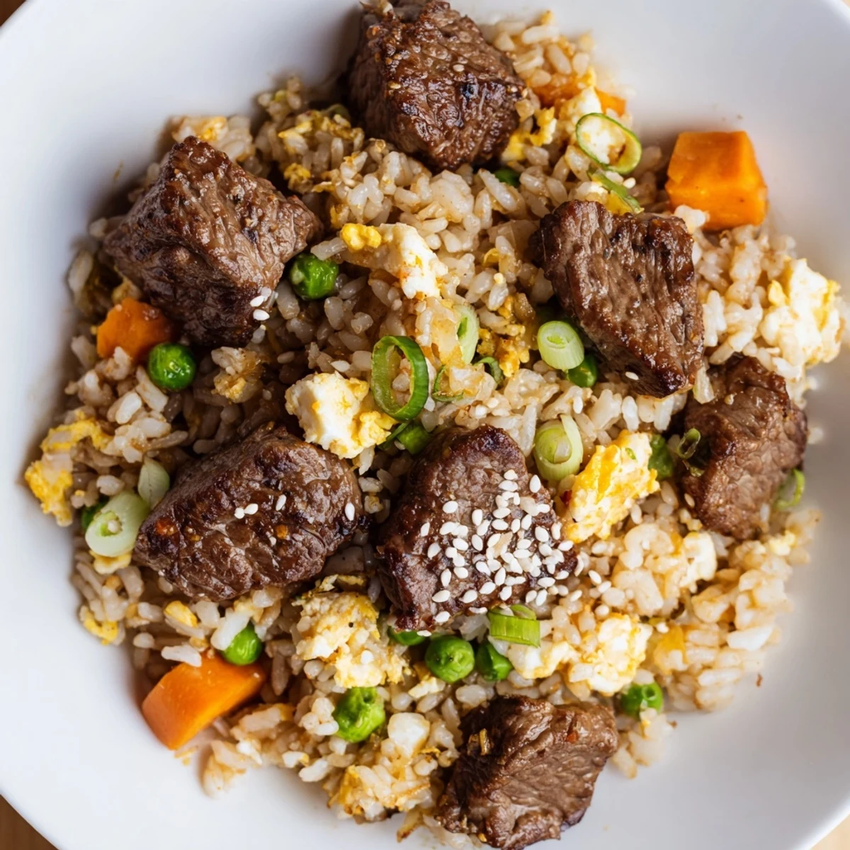 Steaming plate of Japanese-style fried rice featuring juicy marinated steak, green onions, and sesame seed garnish