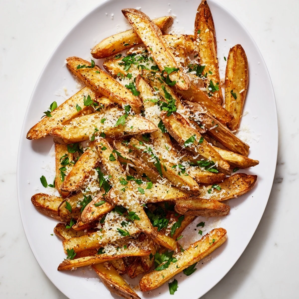 Golden homemade truffle fries topped with freshly grated Parmesan cheese and chopped parsley