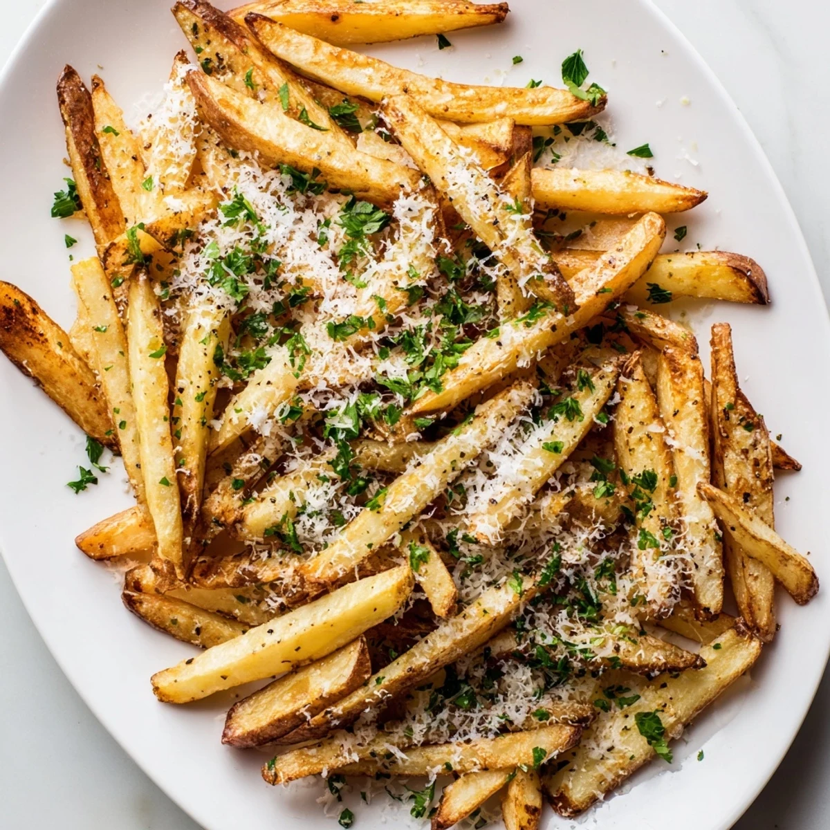 Steaming plate of homemade truffle fries scattered with Parmesan and fresh green parsley
