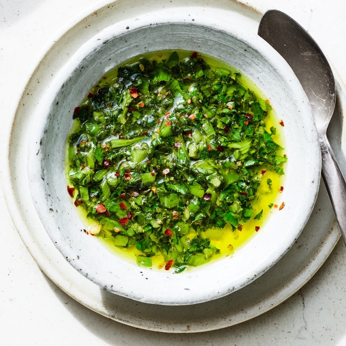 Vibrant green garlic scape chimichurri sauce drizzled over perfectly grilled steak and vegetables