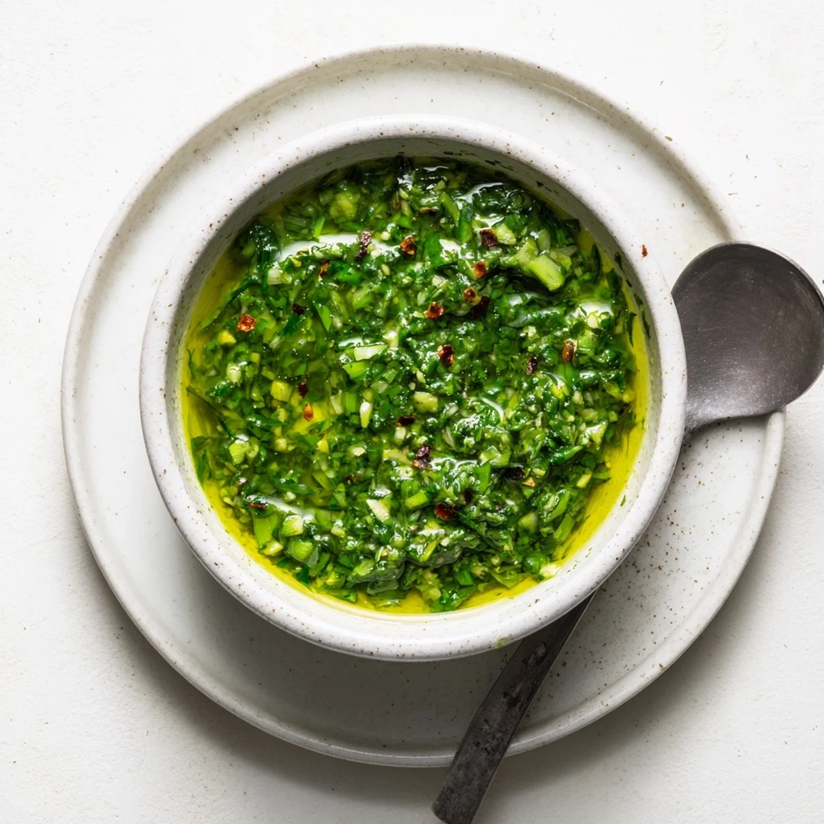 Argentinian-inspired garlic scape chimichurri sauce spooned generously over sizzling grilled meats and roasted vegetables