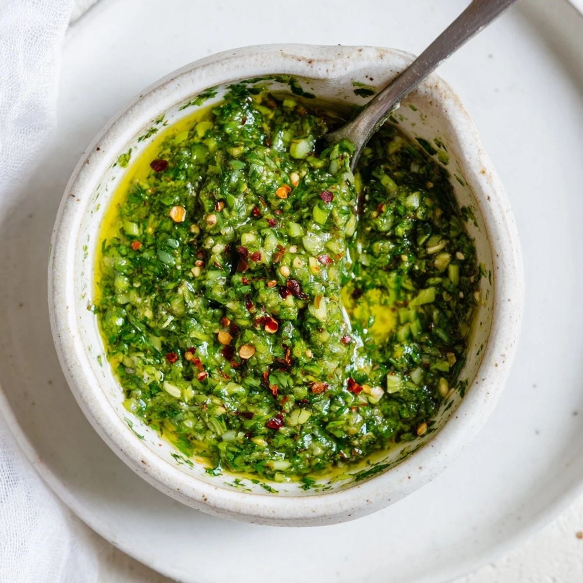 Fresh garlic scape chimichurri in rustic bowl with parsley, cilantro, and olive oil texture