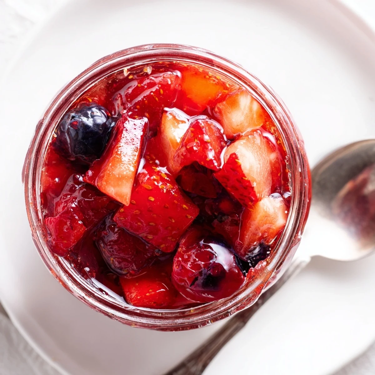 Homemade strawberry rhubarb raspberry jam with a berry twist spread generously on golden toast