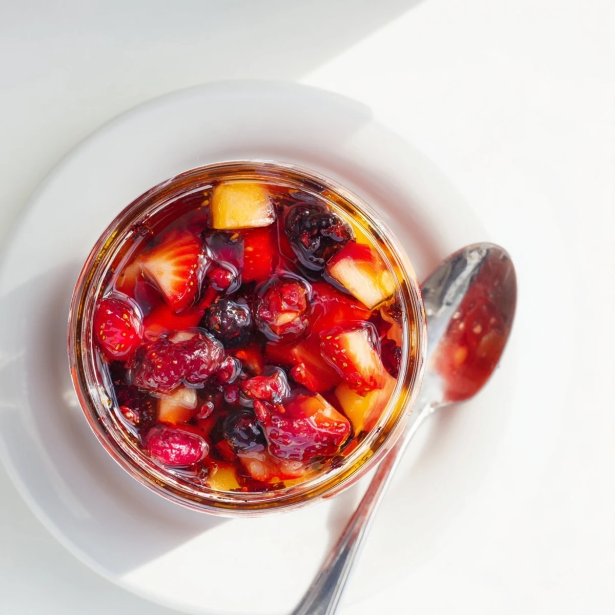 Glossy jars of strawberry rhubarb raspberry jam with a berry twist on wooden table