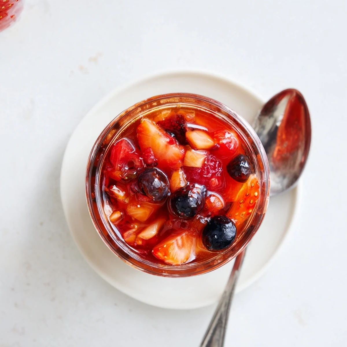 Spoonful of vibrant strawberry rhubarb raspberry jam with a berry twist glistening in sunlight