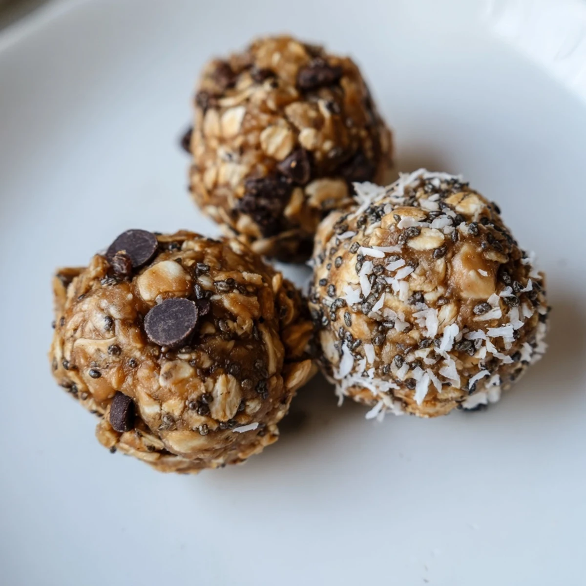 Homemade peanut butter energy balls rolled with oats and dark chocolate chips on a wooden board