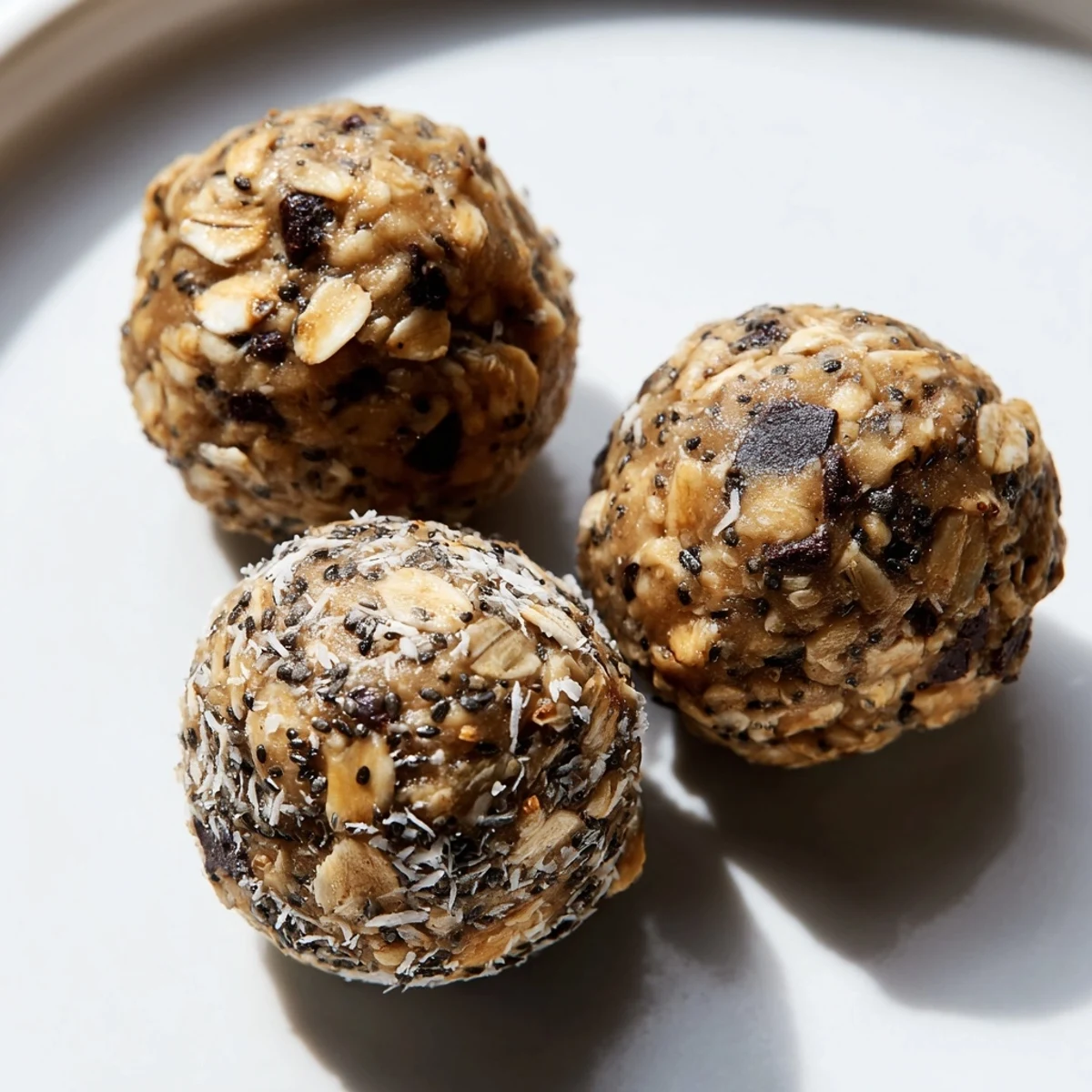 Bite-sized peanut butter energy balls studded with mini chocolate chips arranged on a parchment-lined serving tray