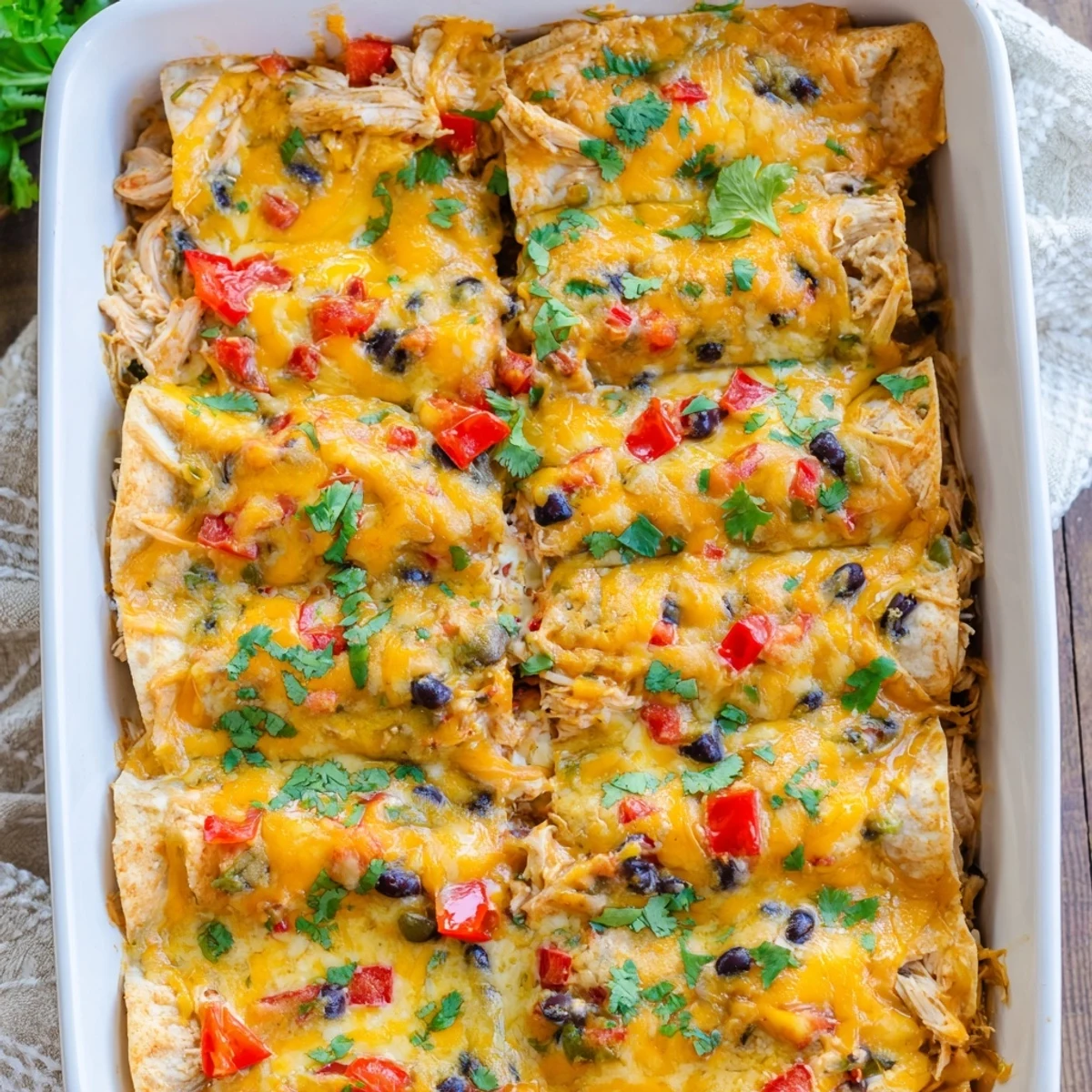 Sliced creamy chicken taco lasagna revealing tender chicken, beans, and colorful bell peppers inside