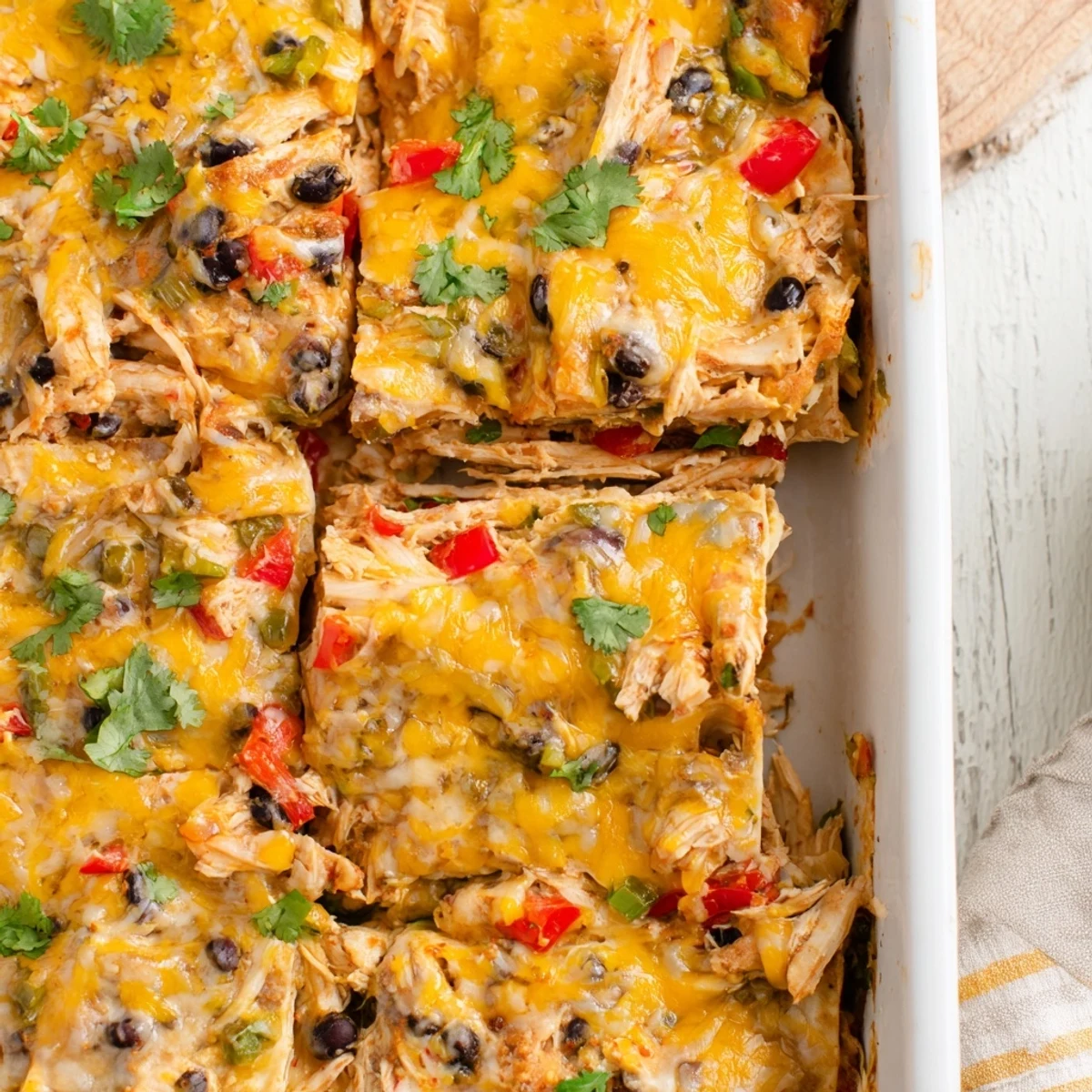 Golden bubbling creamy chicken taco lasagna fresh from the oven with melted cheese layers