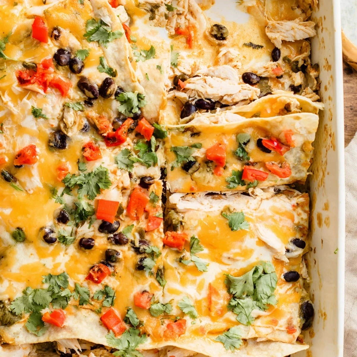 Creamy chicken taco lasagna casserole topped with shredded cheddar and fresh cilantro garnish