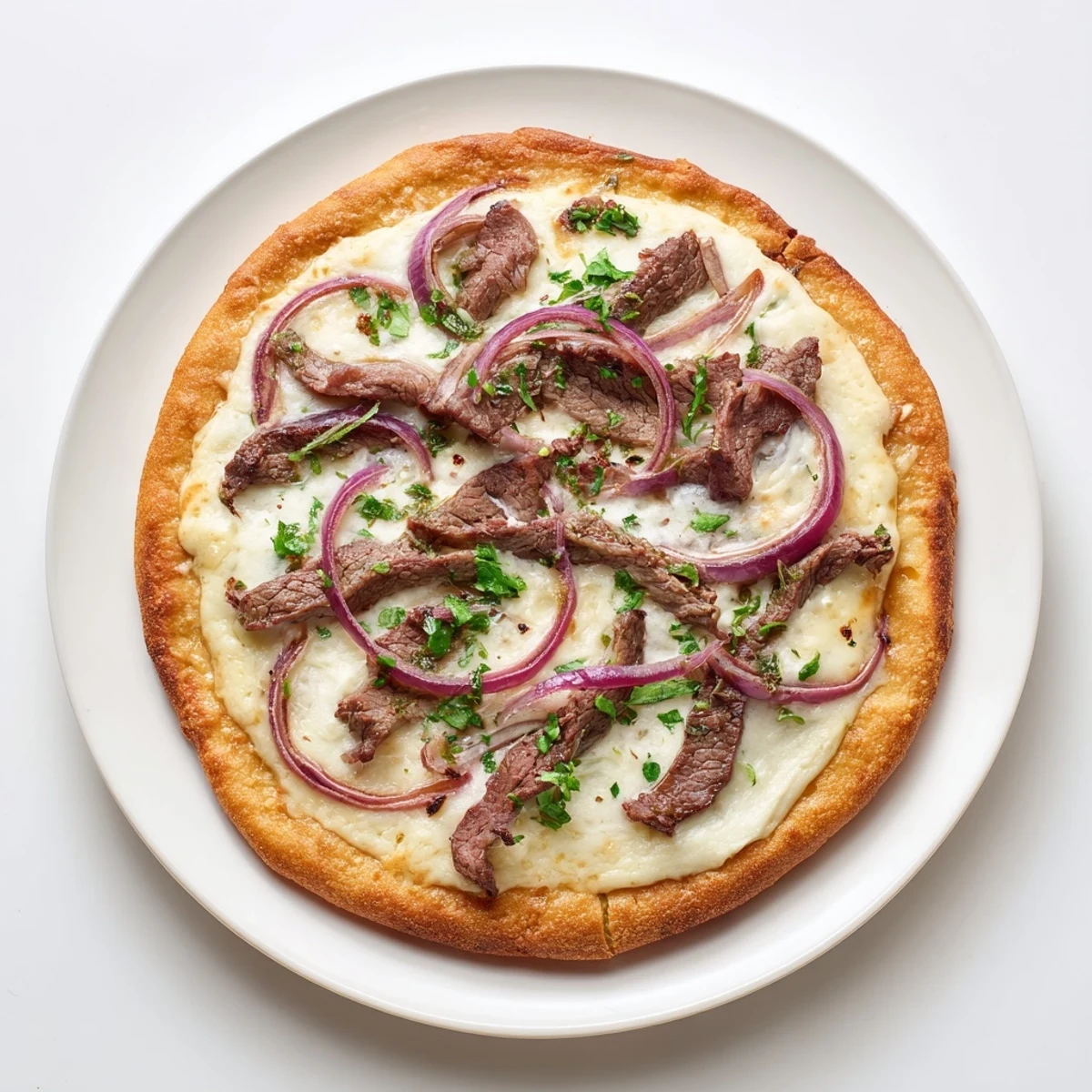 Sizzling Beef Alfredo Pizza with tender seared steak, rich garlic Alfredo sauce, and bubbling provolone cheese on a crispy baked crust
