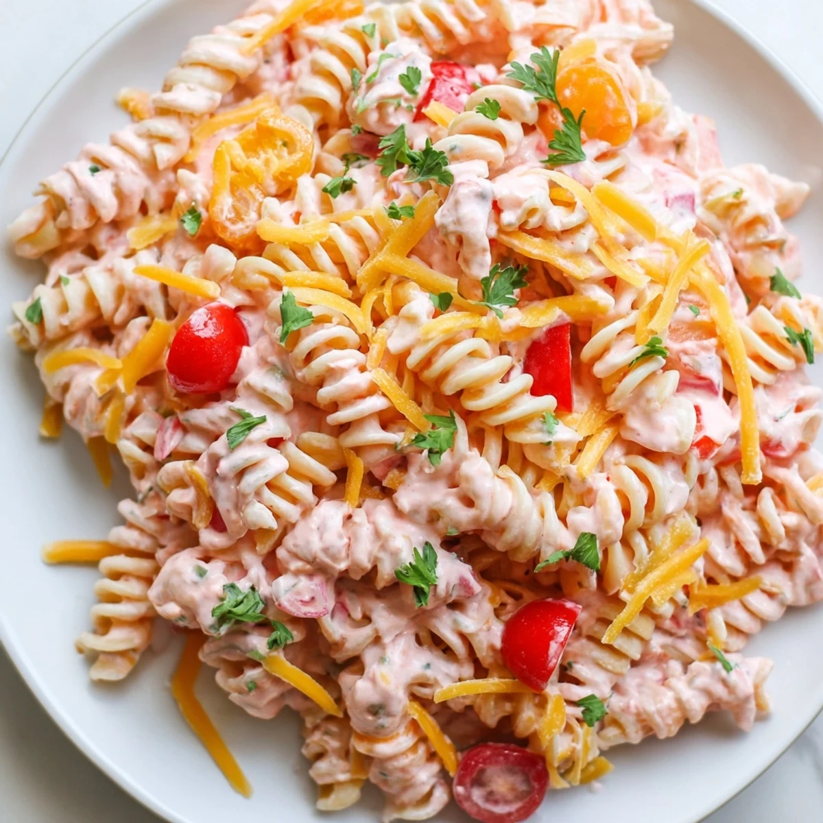 Creamy Pink Cadillac Pasta Salad featuring rotini pasta tossed with crisp vegetables and tangy pink sauce