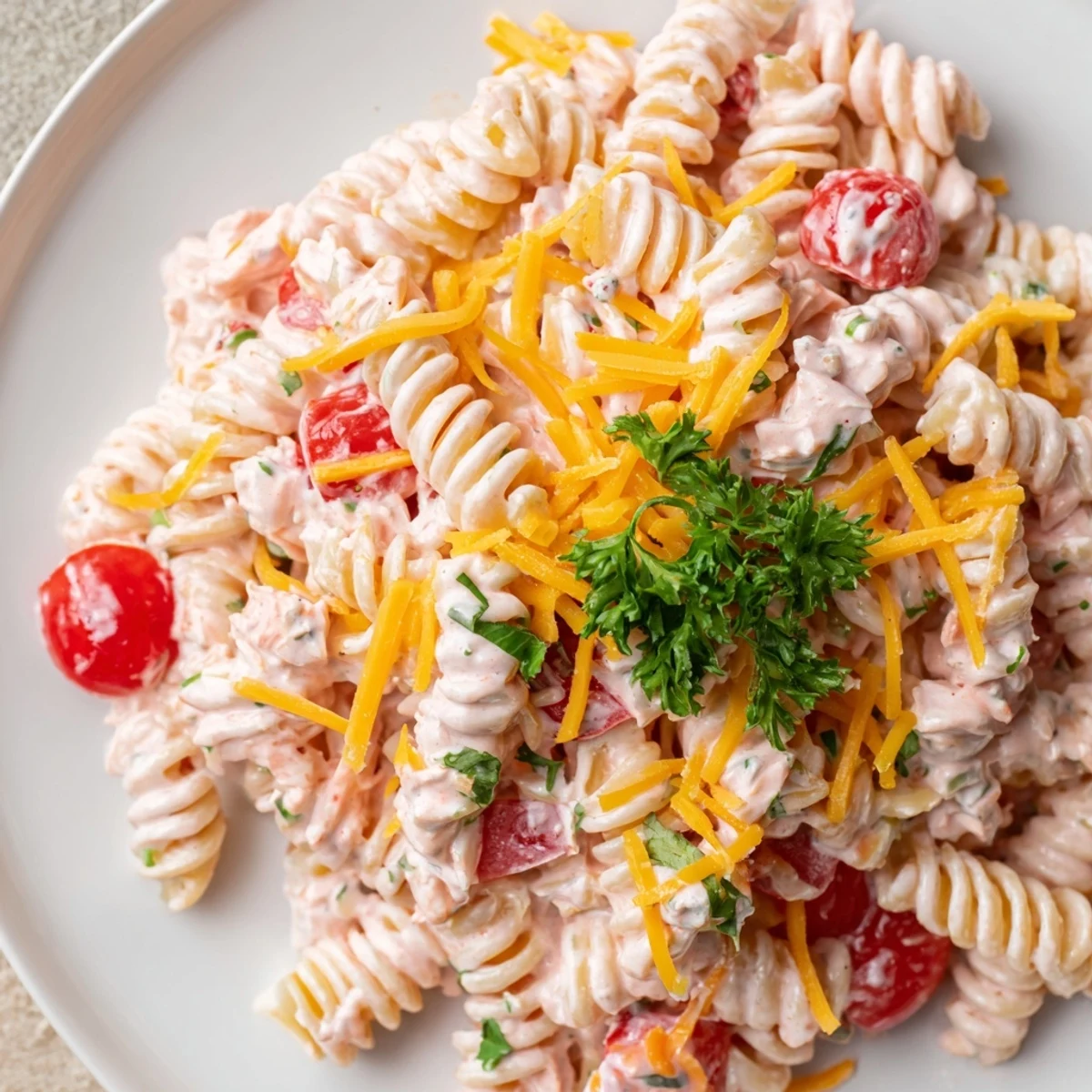 Vibrant Pink Cadillac Pasta Salad bowl showcasing pasta, fresh vegetables, and parsley garnish in pink dressing