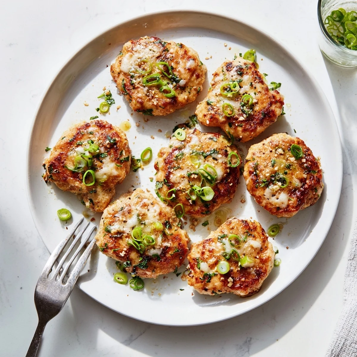 Golden brown keto cheesy chicken fritters served on a white plate with fresh green parsley garnish