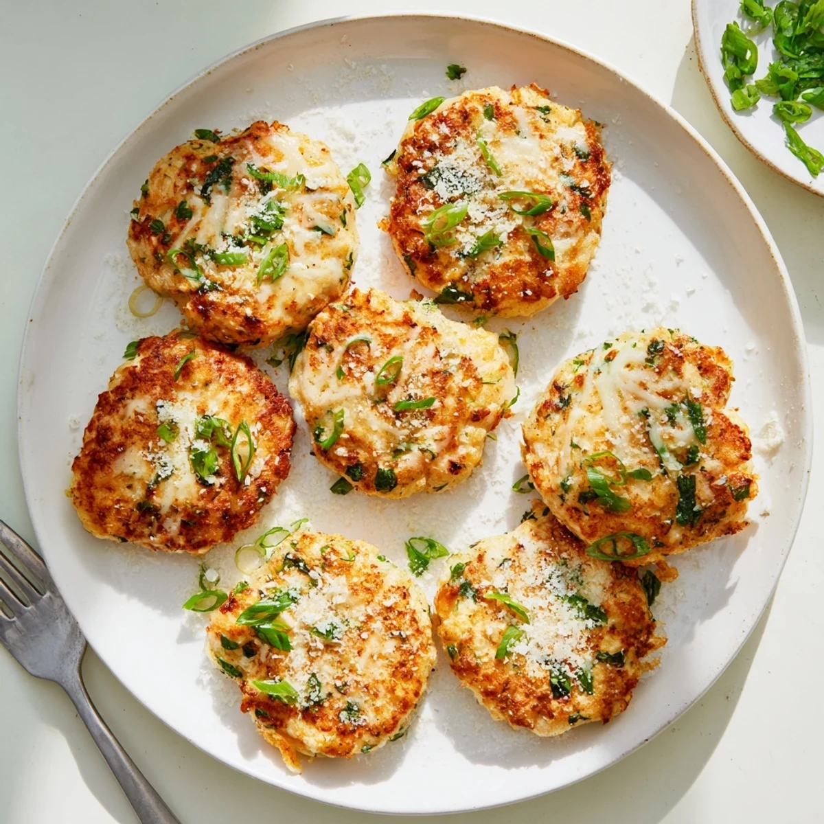 Crispy low carb chicken fritters oozing melted mozzarella cheese alongside a simple green salad